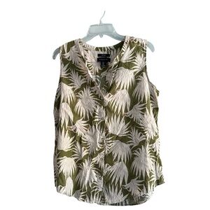 Tahari Linen Palm Print Sleeveless Blouse Olive Green White Tropical Resort L
